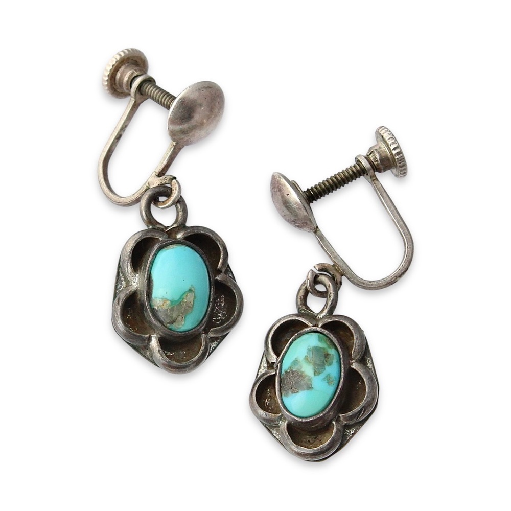 Vintage Turquoise Sterling Silver Screw Back Dangle Earrings Southwestern